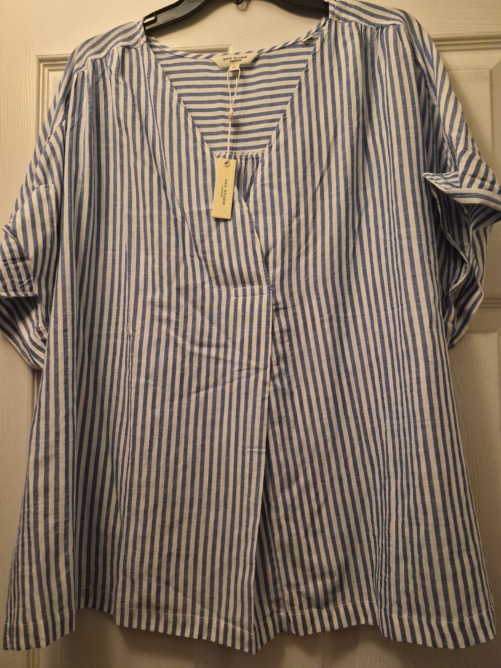 Max Studio Blue & White Vertical Stripe V-Neck Blouse